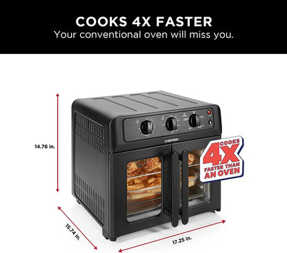 XL Air Fryer Oven W/ French Doors, 26 Qt Capacity, 5 Functions - Black, New