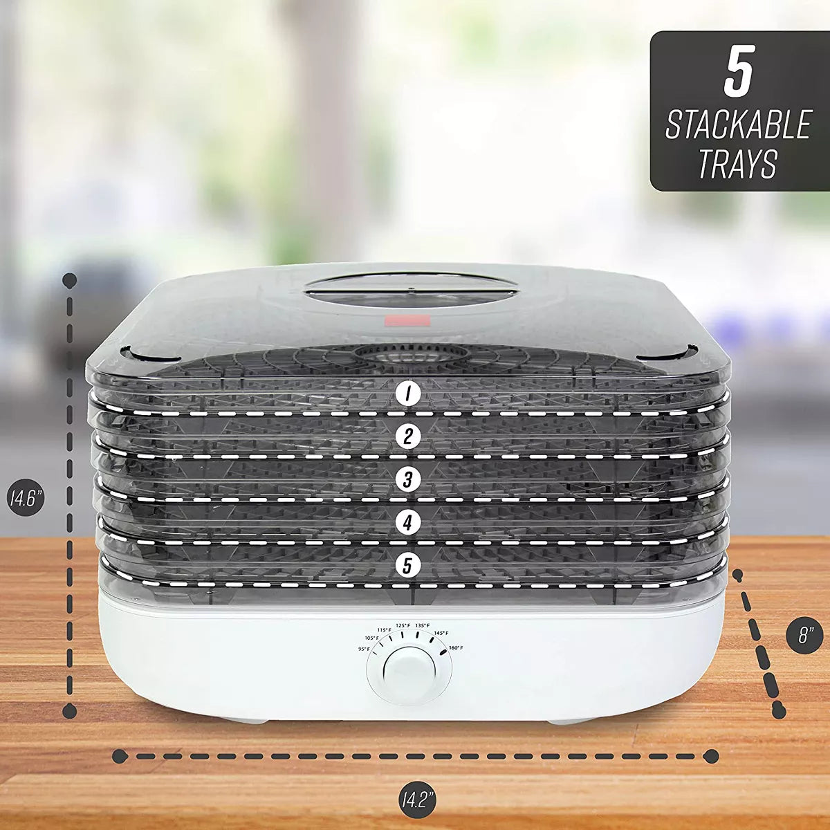 Ronco Turbo Ez-Store 5-Tray Dehydrator with Convection Air Flow, Food Preserver Adjustable Temperature Control, Quiet Operation