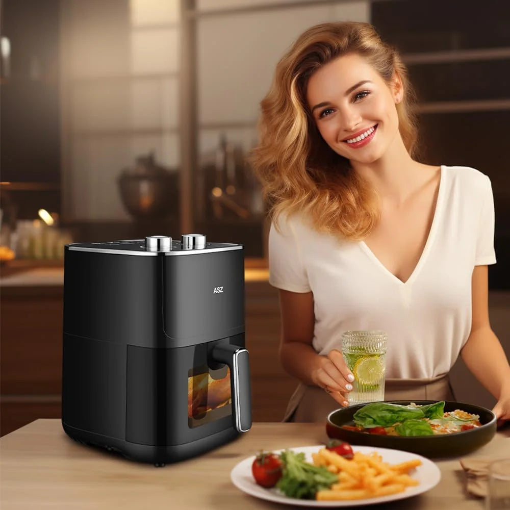 5Qt Air Fryer Compact Knob with Window 1400W Visual Basket 400℉ New Black