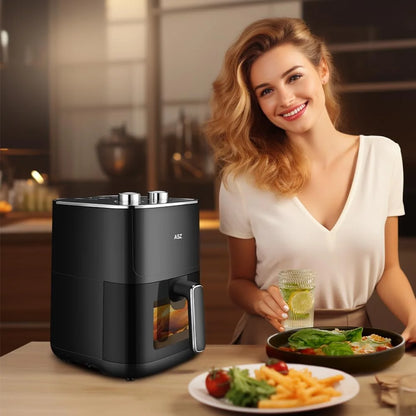 5Qt Air Fryer Compact Knob with Window 1400W Visual Basket 400℉ New Black