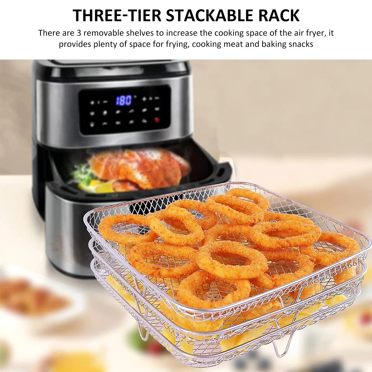 Air Fryer Racks 7.5L-8L 3-Basket Air Fryer, Stainless Steel - Three Layer Stackable Design, Dishwasher Safe