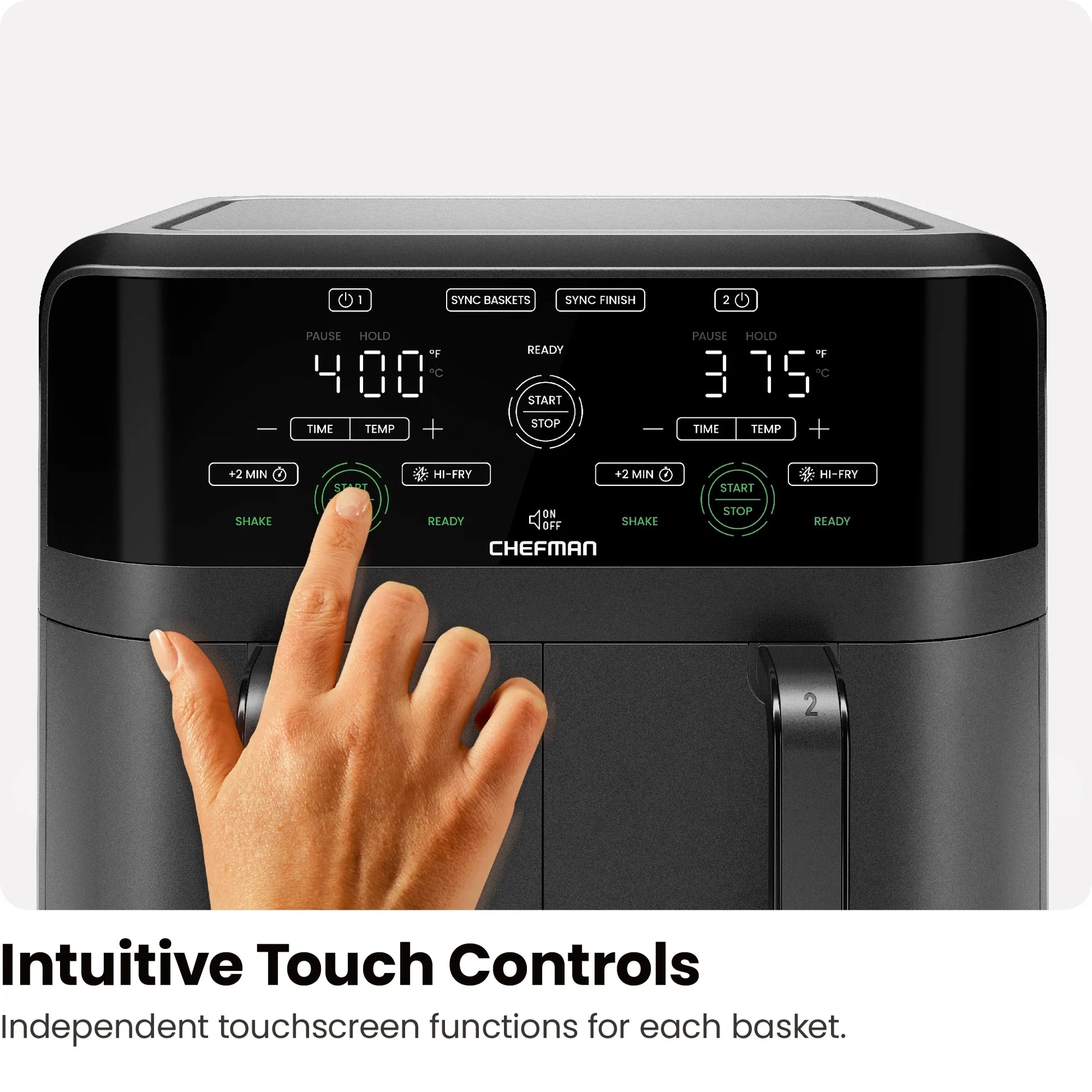Dual Basket Air Fryer W/ Digital Touchscreen, 2 Independent 3 Qt Baskets, Sync Finish - Black, New