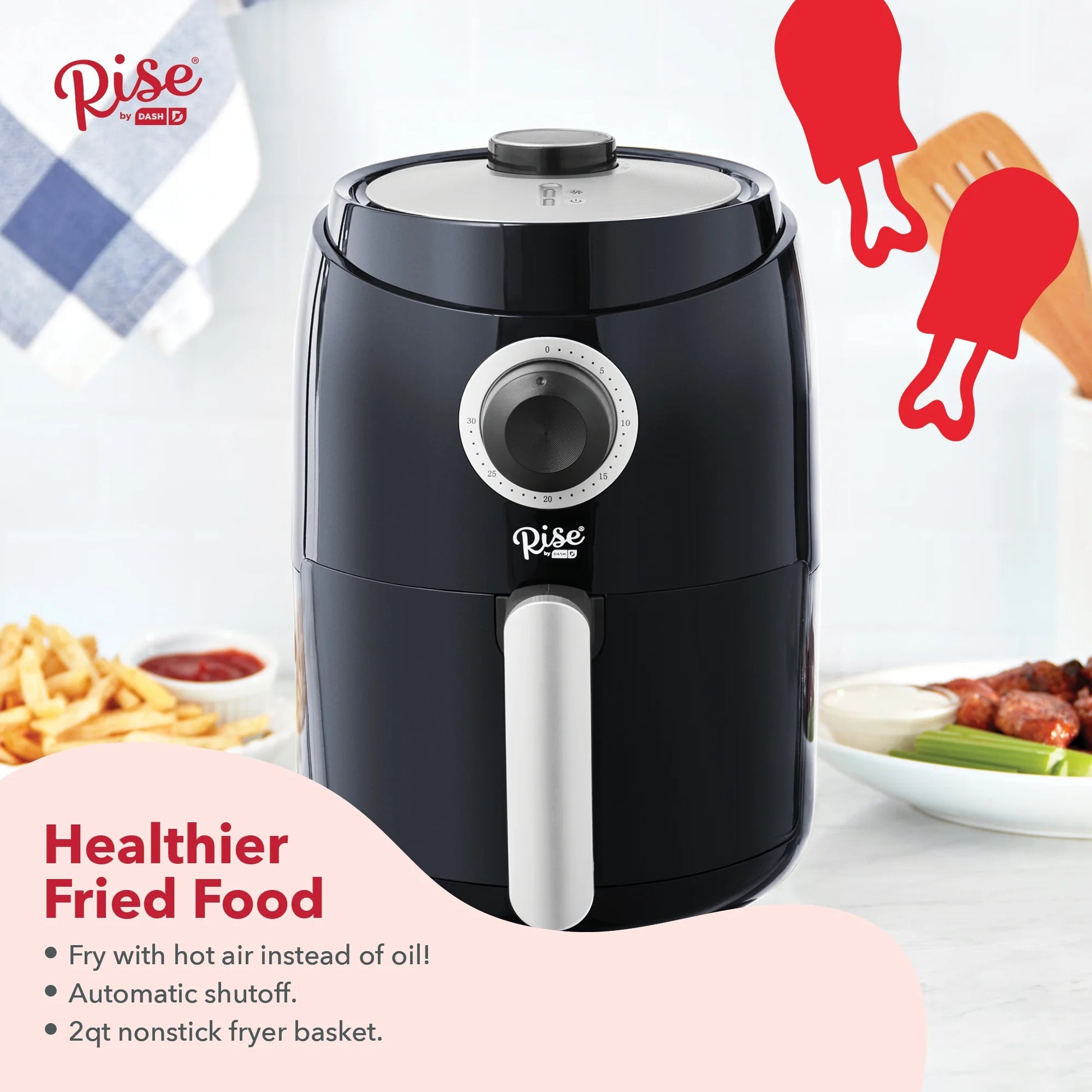 Compact Air Fryer Oven with Temp Control Non-Stick Basket, Recipe + Auto Shut Off, 2 Quart - Black