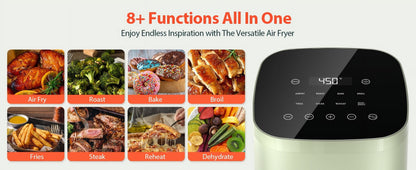 Air Fryer,  8-In-1 Smart Compact 4QT Air Fryers, Shake Reminder,450°F Digital Airfryer with Flavor-Lock Tech,Tempered Glass Display, Dishwasher-Safe & Nonstick,Fit for 1-3 People, Green