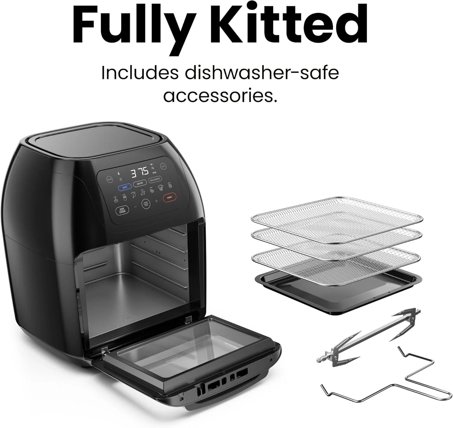 Multifunctional Digital 10 Qt. Air Fryer+ Rotisserie, Fry, Roast & Bake, 17 Presets - Black, New