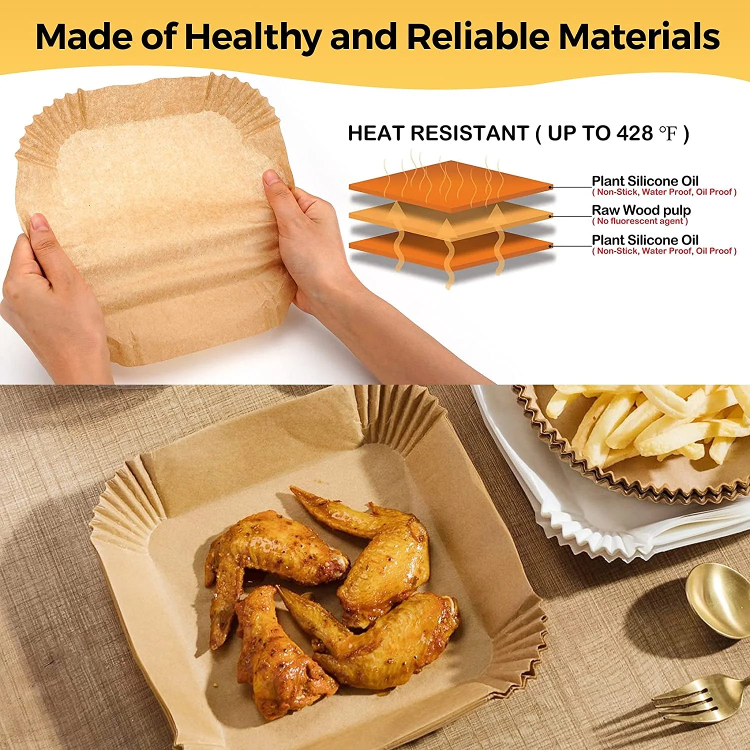 Air Fryer Paper Liners: 125Pcs Parchment Paper, Air Fryer Disposable Paper Liner, Oilproof Waterproof Airfryer Paper Basket Bowl Liner Square (6.5Inch)