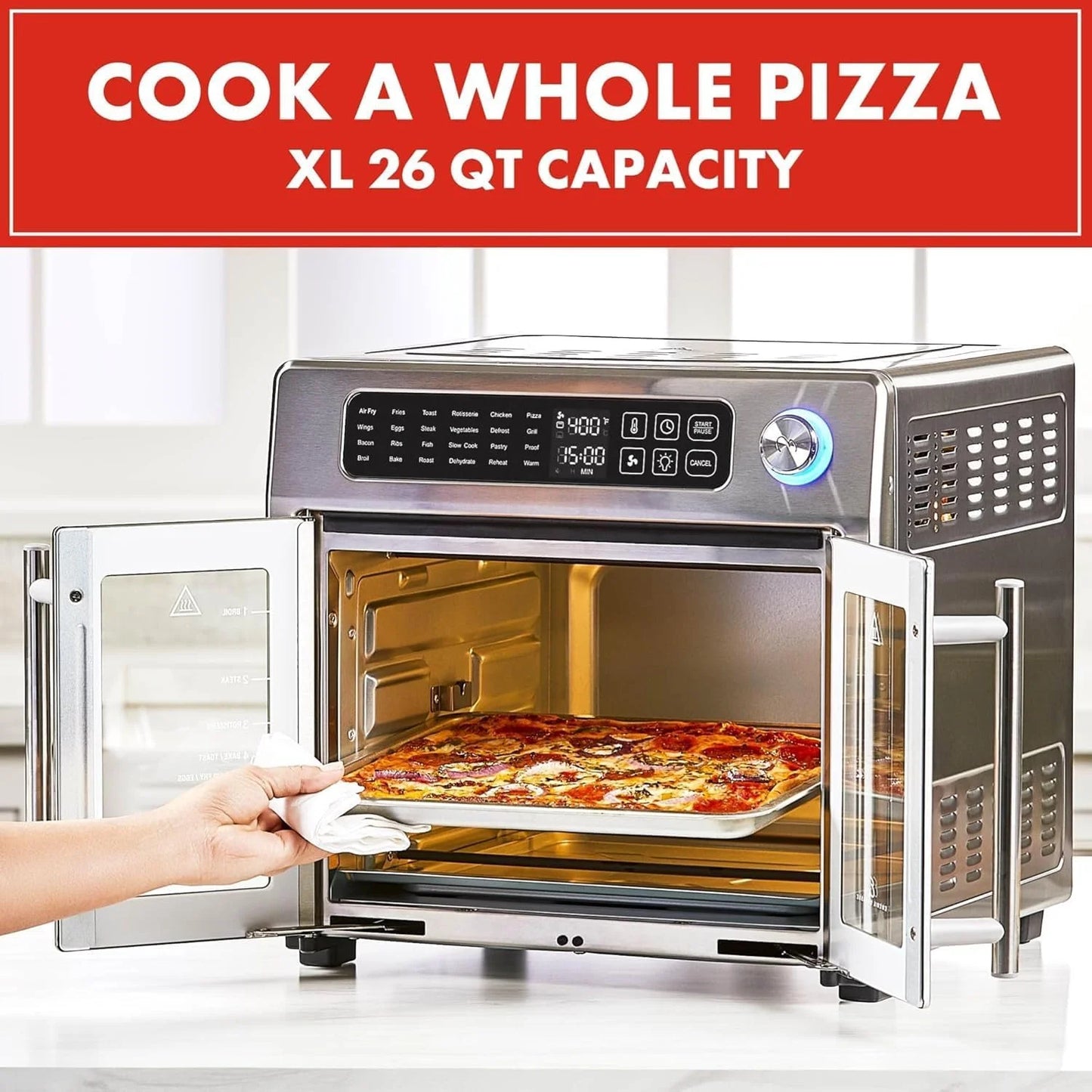 Extra Large French Door Air Fryer Toaster Oven Combo, 25 Cooking Functions and Digital Controls, 7 Accessories Included, Stainless Steel Finish, 26QT Capacity