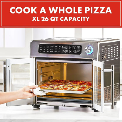 Extra Large French Door Air Fryer Toaster Oven Combo, 25 Cooking Functions and Digital Controls, 7 Accessories Included, Stainless Steel Finish, 26QT Capacity