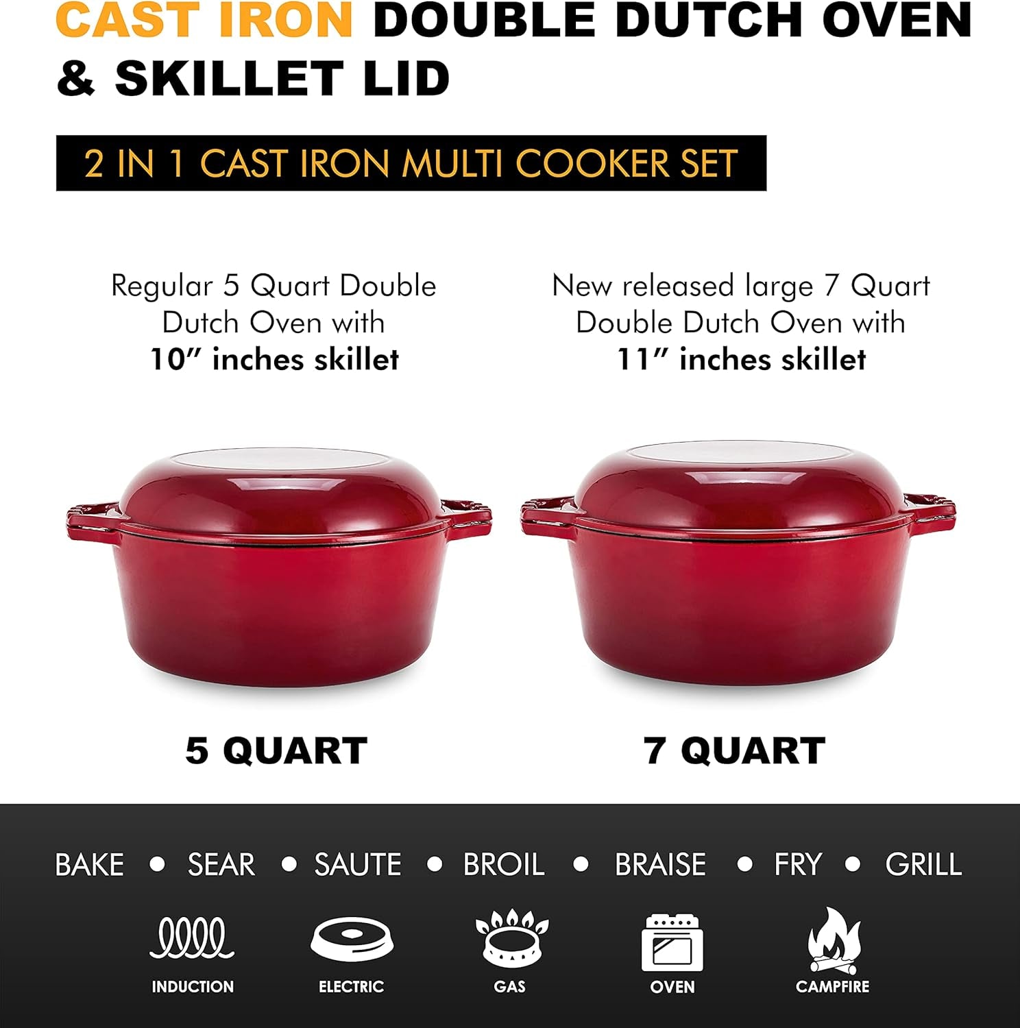 7 Quart Dutch Oven Pot with Lid - 2-In-1 Oval Cast Iron Enamel Cookware with Skillet Top - Enameled Dutch Oven for Bread, Baking, Stews, Roasting - Heat Resistant up to 500°F - Red Finish