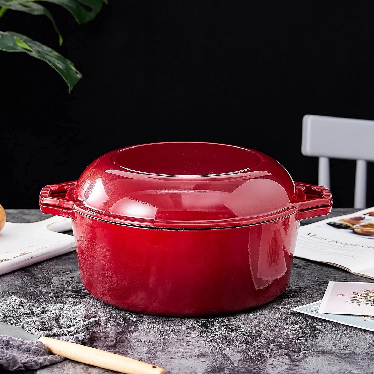 7 Quart Dutch Oven Pot with Lid - 2-In-1 Oval Cast Iron Enamel Cookware with Skillet Top - Enameled Dutch Oven for Bread, Baking, Stews, Roasting - Heat Resistant up to 500°F - Red Finish