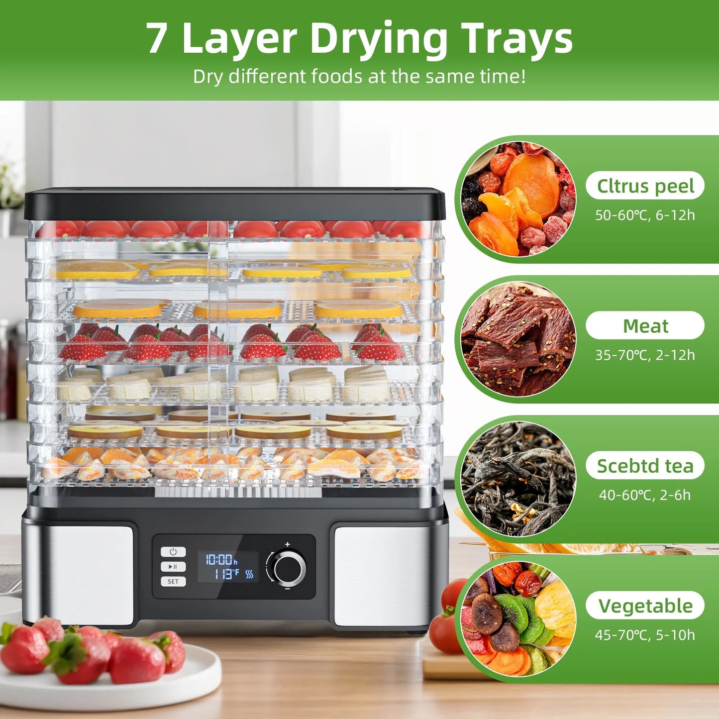 7-Tray Food Dehydrator Machine: 400W Electric Food Dryer for Jerky, Fruits, Vegetables, Dog Treats, Herbs, Snacks - Adjustable Temperature & 24H Timer, LCD Display, Silicone Tongs Included