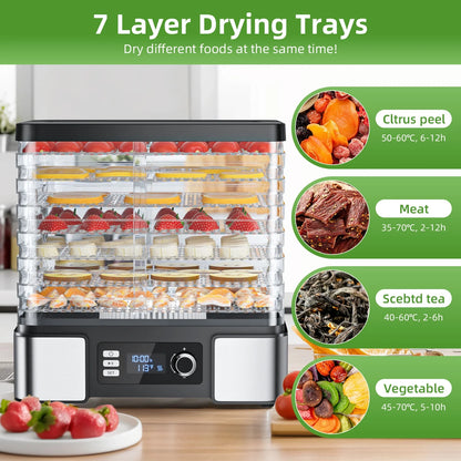 7-Tray Food Dehydrator Machine: 400W Electric Food Dryer for Jerky, Fruits, Vegetables, Dog Treats, Herbs, Snacks - Adjustable Temperature & 24H Timer, LCD Display, Silicone Tongs Included