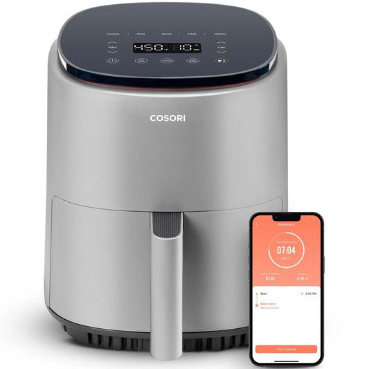 Smart Air Fryer, Lite 4 QT Compact 7-In-1 Oven, Preheat and Keep Warm, Voice Control, Dishwasher-Safe, Light Gray