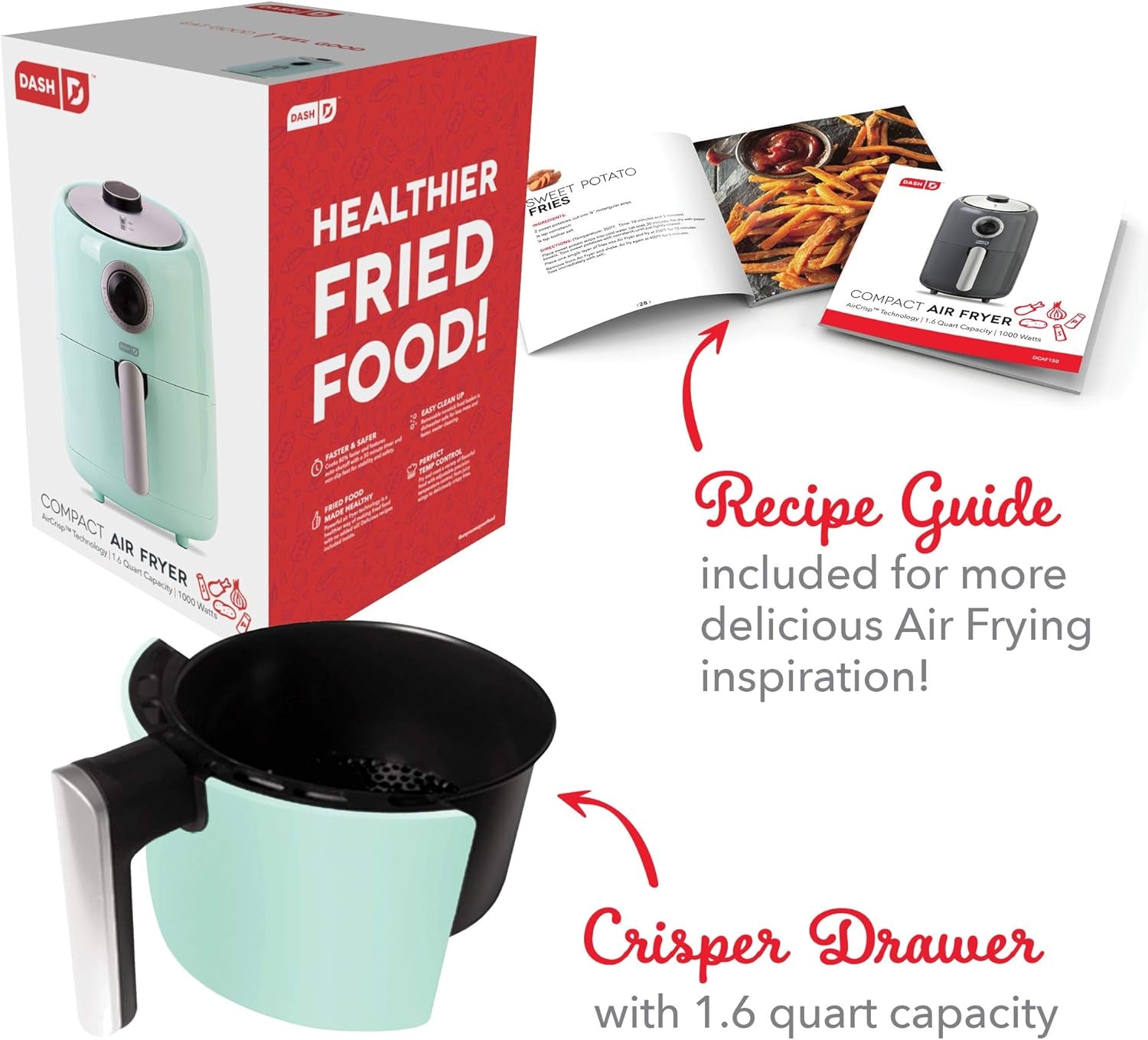 Compact Air Fryer Oven Cooker with Temperature Control, Non-Stick Fry Basket, Recipe Guide + Auto Shut off Feature, 2 Quart - Aqua