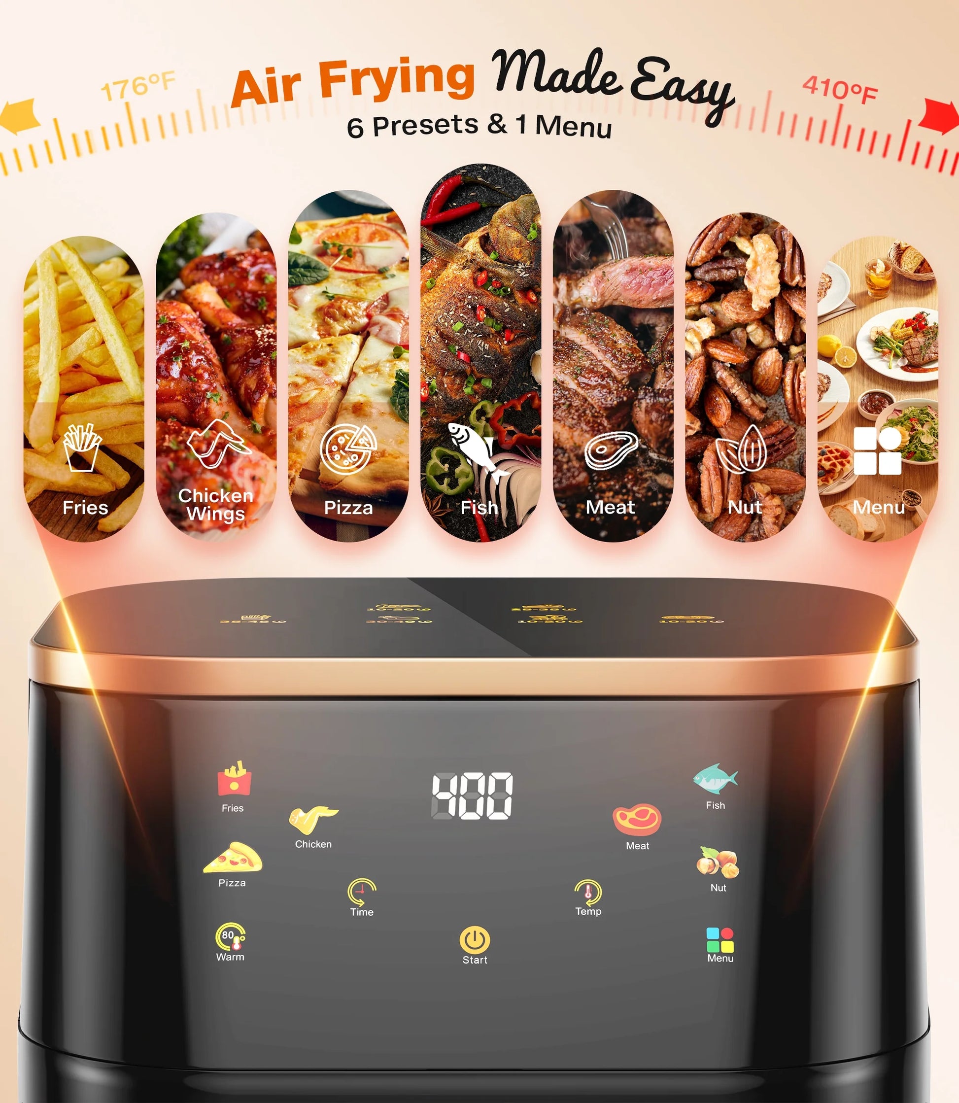 Air Fryer 10 Qt Max 450F for Cooking, 6 Presets Fry Touch Panel Easy View Window, New Black