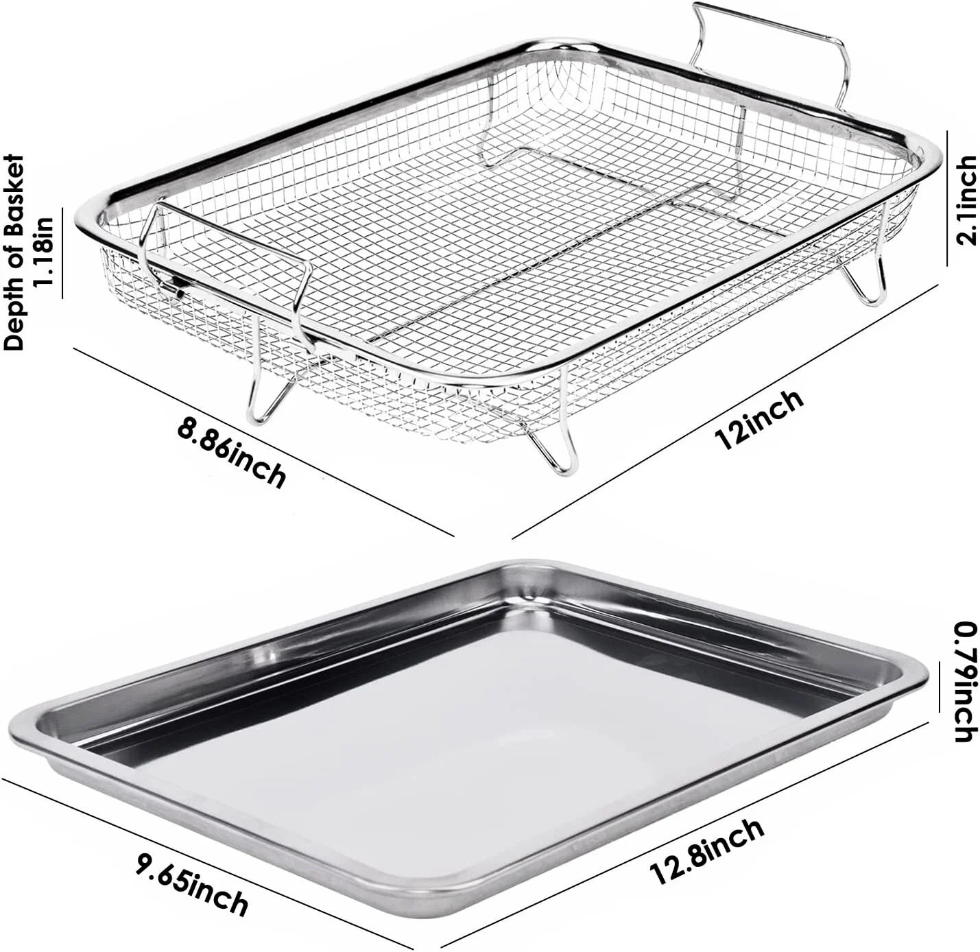 Air Fryer Basket for Oven, 12.8X9.6 Inch 18/8 Stainless Steel Crisper Tray and Basket, Air Fry Crisper Basket Tray & Grease Catcher, Dishwasher Safe