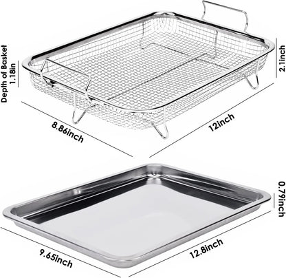 Air Fryer Basket for Oven, 12.8X9.6 Inch 18/8 Stainless Steel Crisper Tray and Basket, Air Fry Crisper Basket Tray & Grease Catcher, Dishwasher Safe