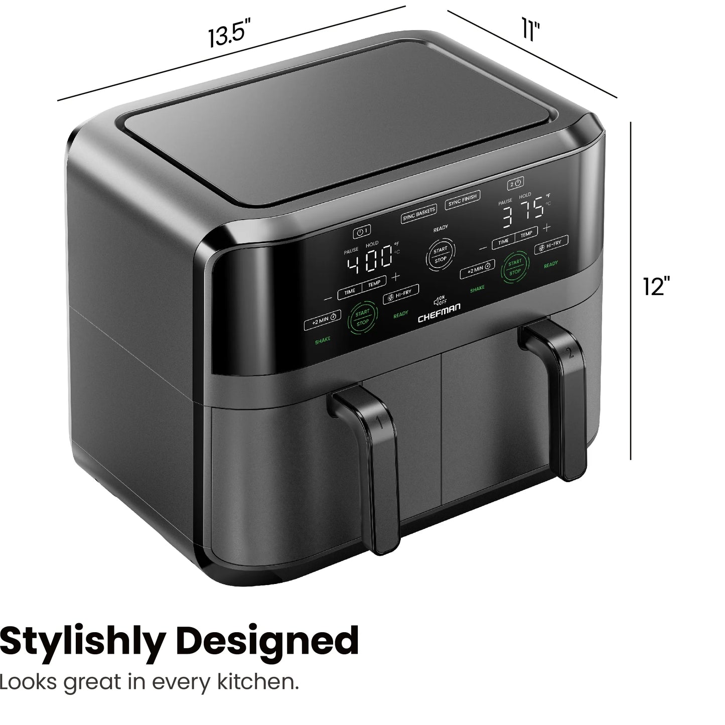 Dual Basket Air Fryer W/ Digital Touchscreen, 2 Independent 3 Qt Baskets, Sync Finish - Black, New