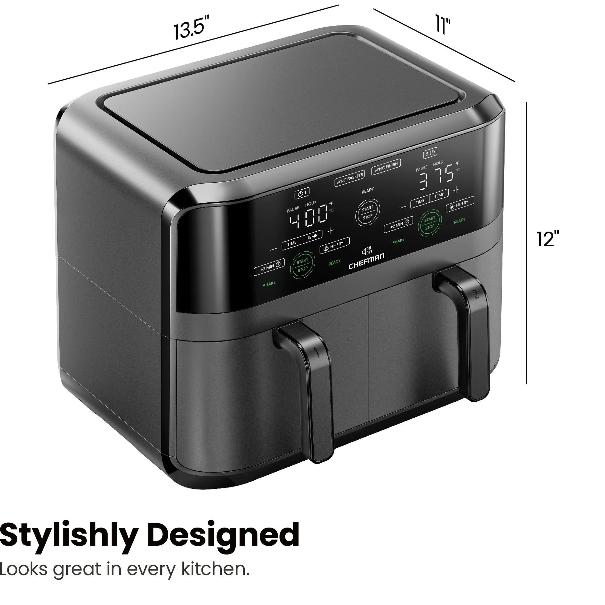 Dual Basket Air Fryer W/ Digital Touchscreen, 2 Independent 3 Qt Baskets, Sync Finish - Black, New