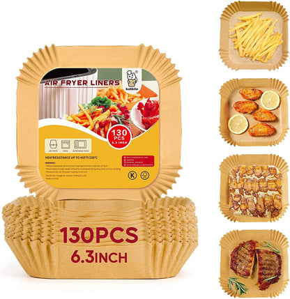6.3 Inch 130PCS Square Disposable Air Fryer Paper Liners, Unbleached Non-Stick & Oil-Proof Parchment Paper