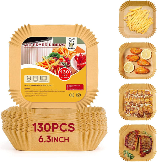 6.3 Inch 130PCS Square Disposable Air Fryer Paper Liners, Unbleached Non-Stick & Oil-Proof Parchment Paper