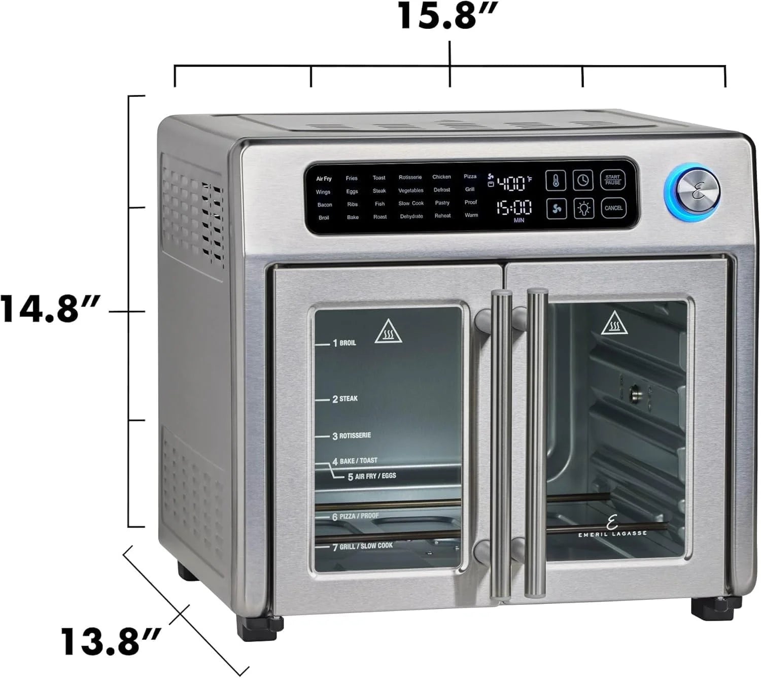 Extra Large French Door Air Fryer Toaster Oven Combo, 25 Cooking Functions and Digital Controls, 7 Accessories Included, Stainless Steel Finish, 26QT Capacity