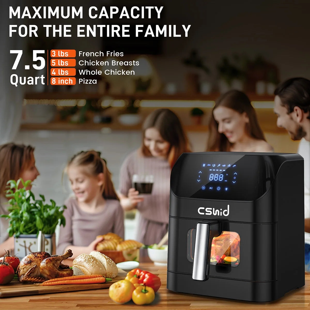 Air Fryer, 7.5 QT Large Air Fryer with Clear Window & Washable Basket,10-In-1 Presets Functions for Crisp,Roast,Bake and Reheat,Nonstick,Digital Touchscreen,Quiet, Black