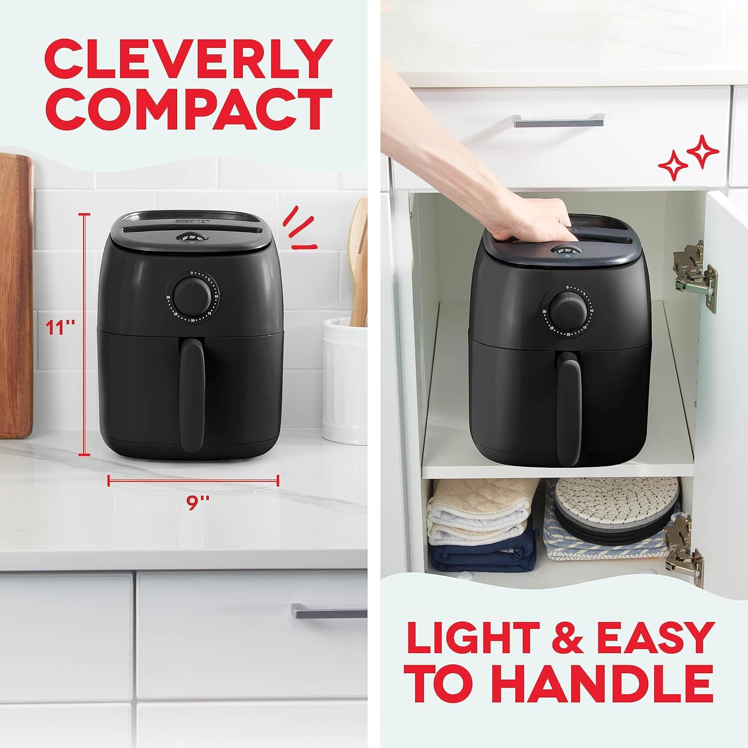 Tasti-Crisp™ Electric Air Fryer Oven, 2.6 Qt., Black – Compact Air Fryer for Healthier Food in Minutes, Ideal for Small Spaces - Auto Shut Off, Analog, 1000-Watt