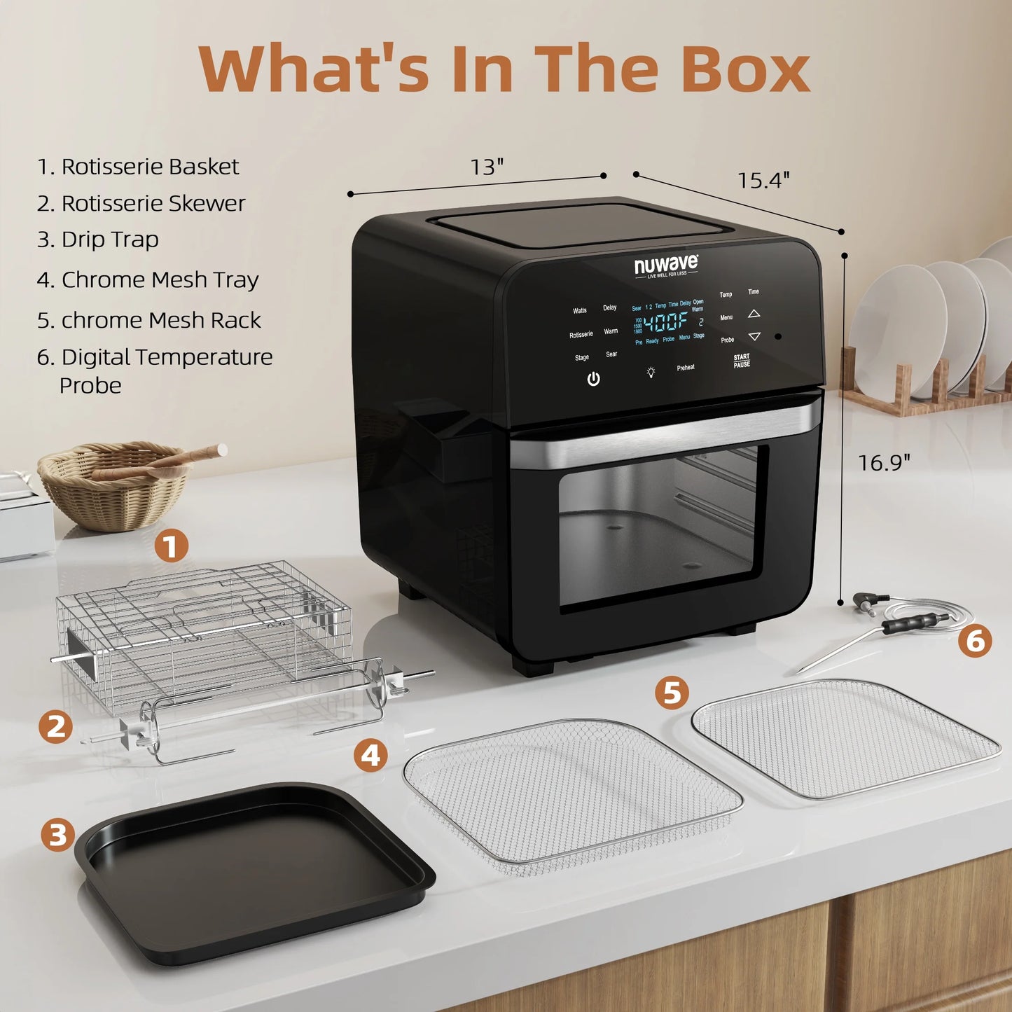 Brio 15.5 Qt Air Fryer, Black - Smart Thermometer