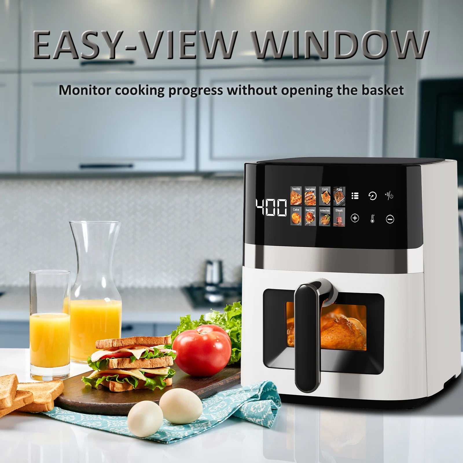 6QT Air Fryer, 8-In-1 Electric Hot Oven with Digital LED Touchscreen, Visible Window, 1500W, New, White