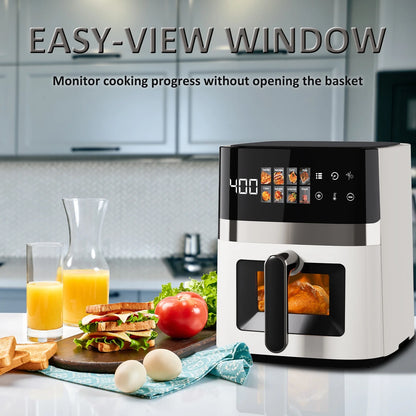 6QT Air Fryer, 8-In-1 Electric Hot Oven with Digital LED Touchscreen, Visible Window, 1500W, New, White