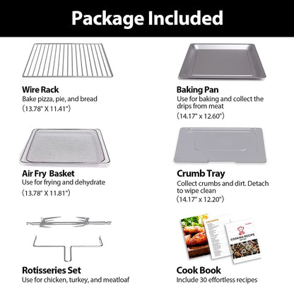 32 QT Large Air Fryer Ovens, Rotisserie Oven with Dehydrator, 19-In-1 Convection Toast Countertops Oven Combo, 6 Accessories