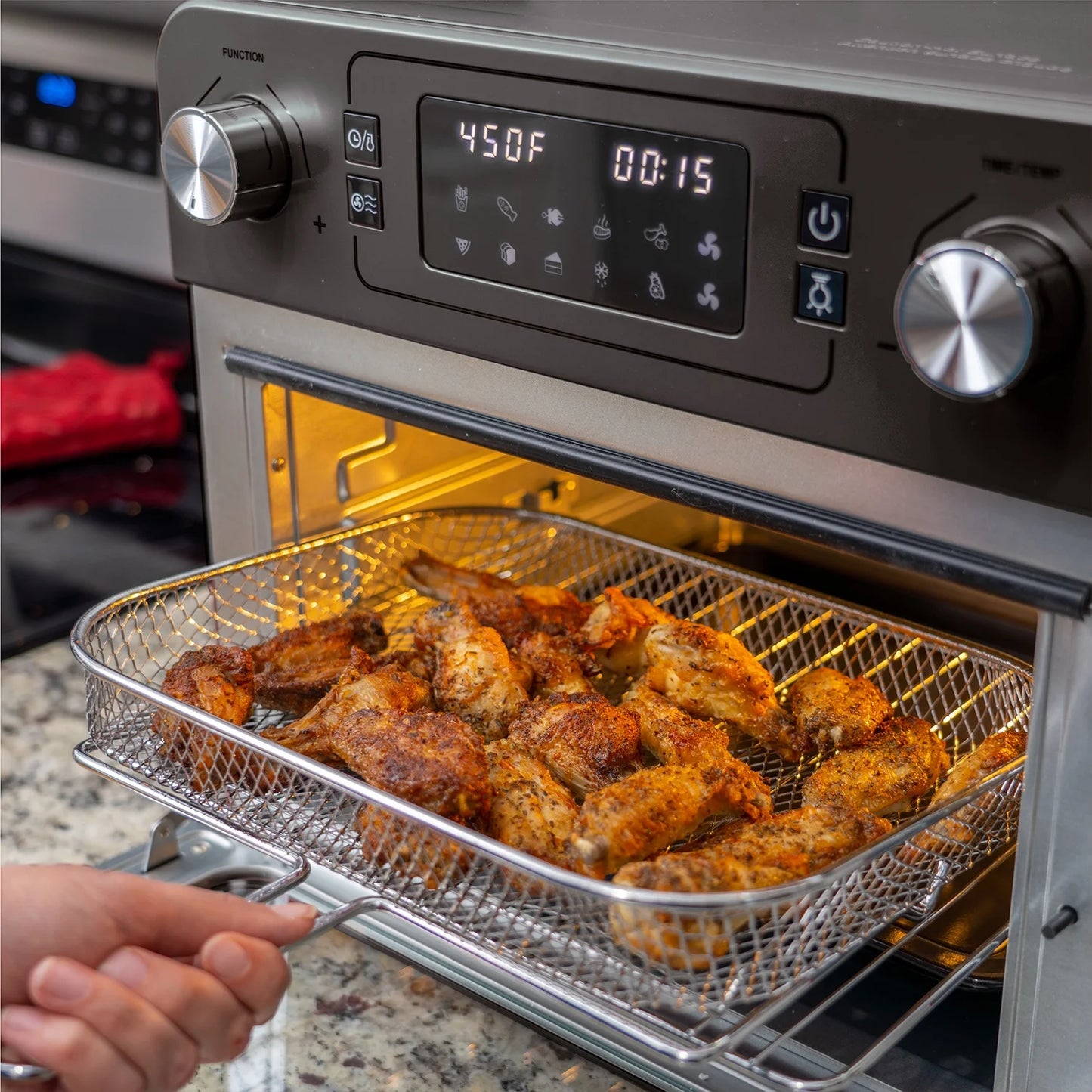 24 QT Stainless Steel Countertop Toaster Oven with Built-In Air Fryer and Included Accessories
