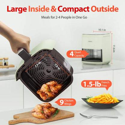 Air Fryer,  8-In-1 Smart Compact 4QT Air Fryers, Shake Reminder,450°F Digital Airfryer with Flavor-Lock Tech,Tempered Glass Display, Dishwasher-Safe & Nonstick,Fit for 1-3 People, Green