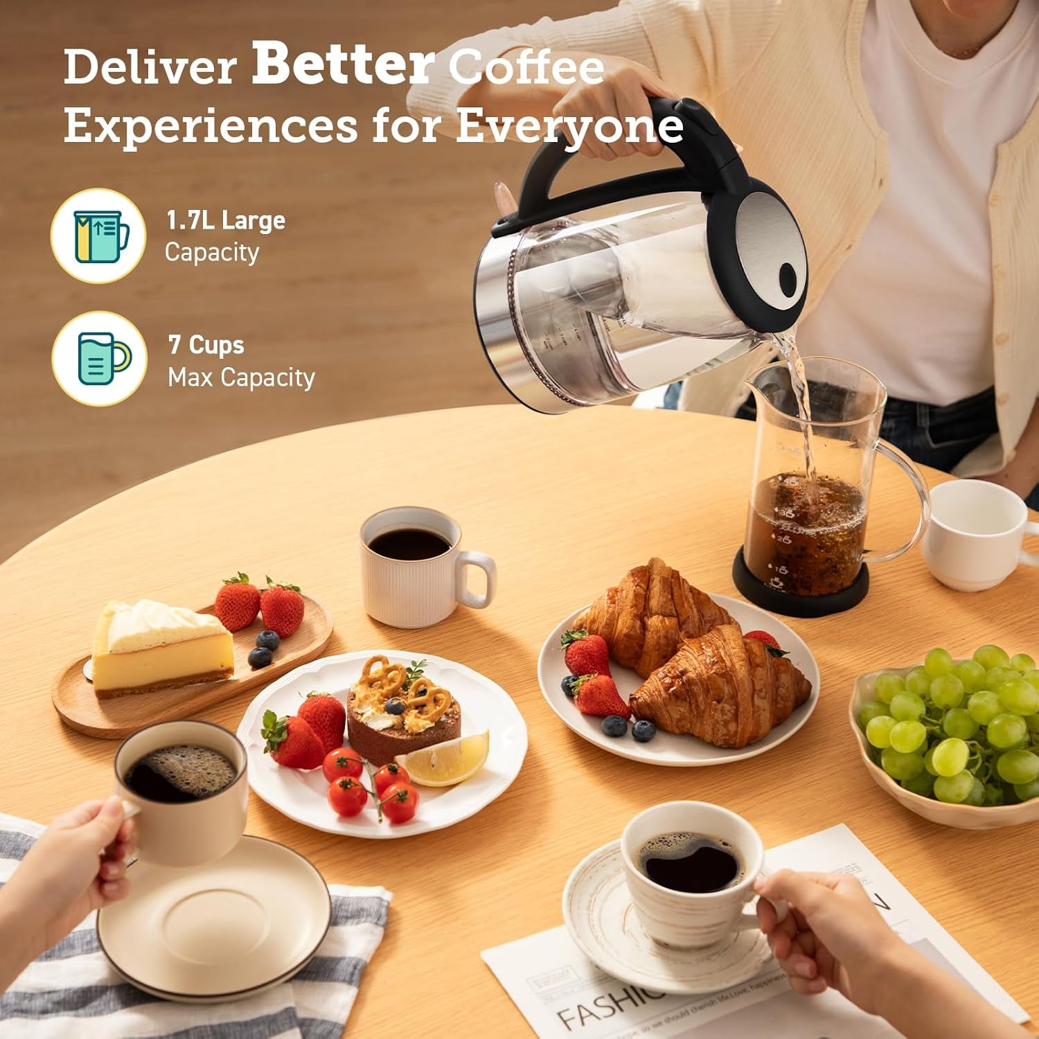 Electric Kettle, No Plastic Filter & Spout, Stainless Steel Inner Lid, 1.7L Tea Kettle & Hot Water Boiler for Coffee & Tea, Water Heater & Teapot, Automatic Shut Off, Black, 1500W