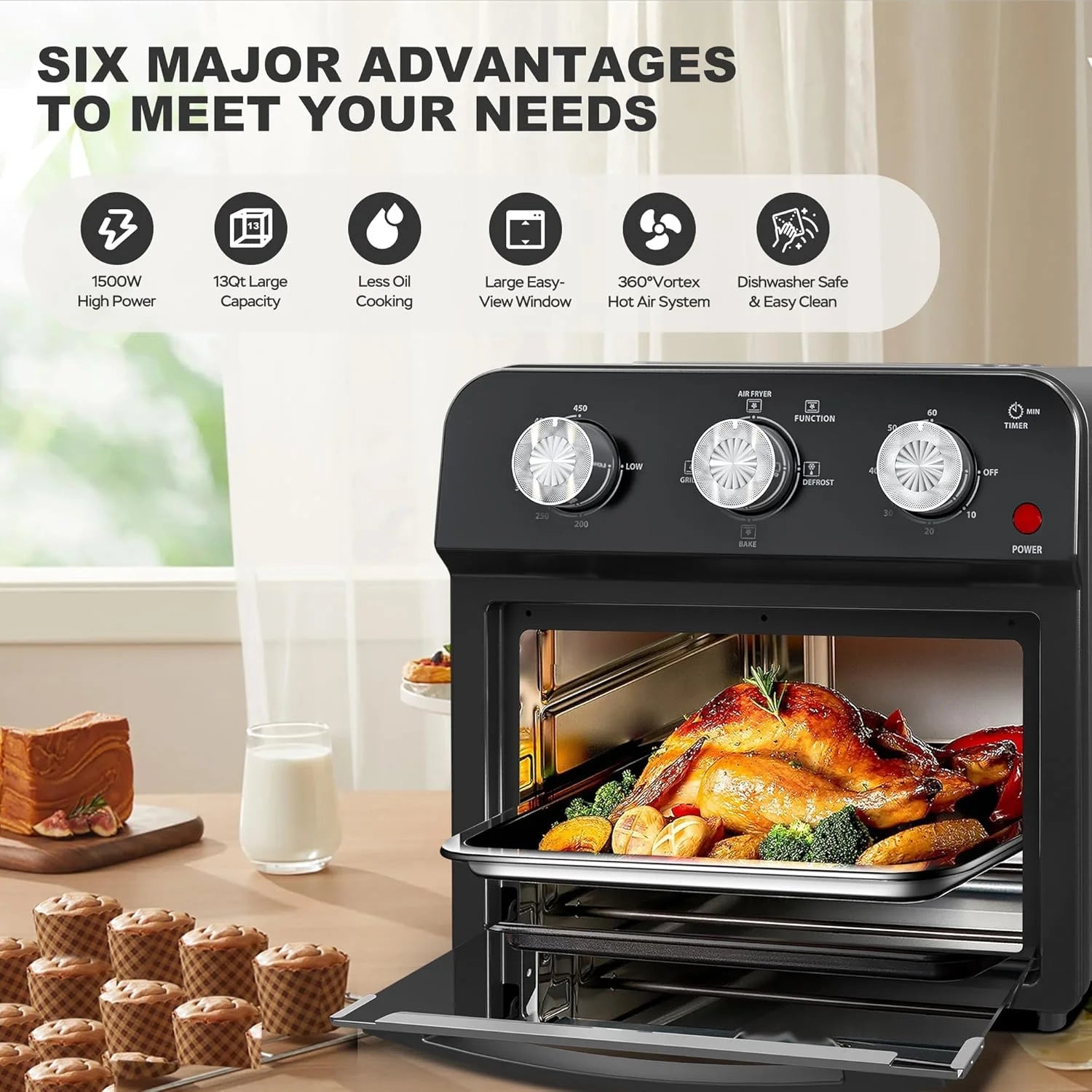 Air Fryer, 13Qt Small Footprint Airfryer Combo with Roast, Bake, Grill, Broil, Toast, Dehydrate, Defrost, Perfect for Small Contertop, 1500W, Black