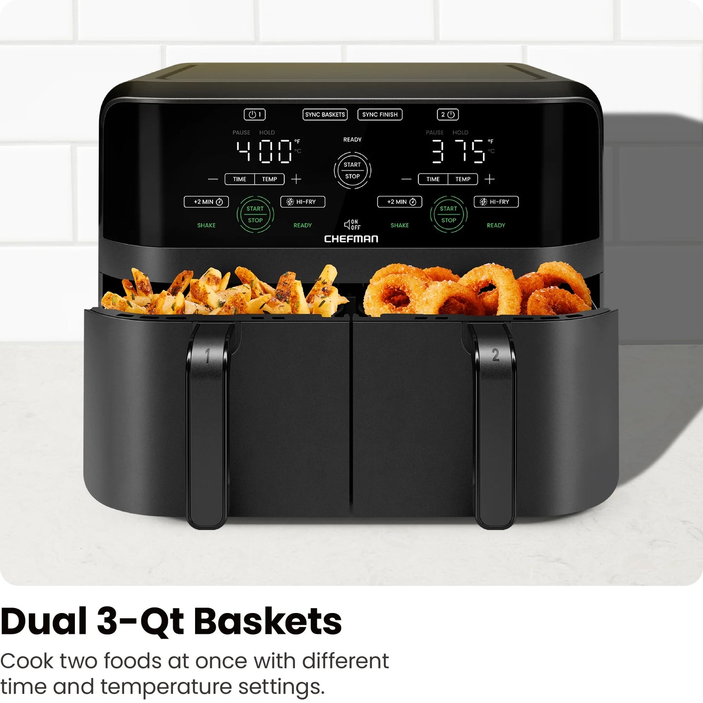 Dual Basket Air Fryer W/ Digital Touchscreen, 2 Independent 3 Qt Baskets, Sync Finish - Black, New