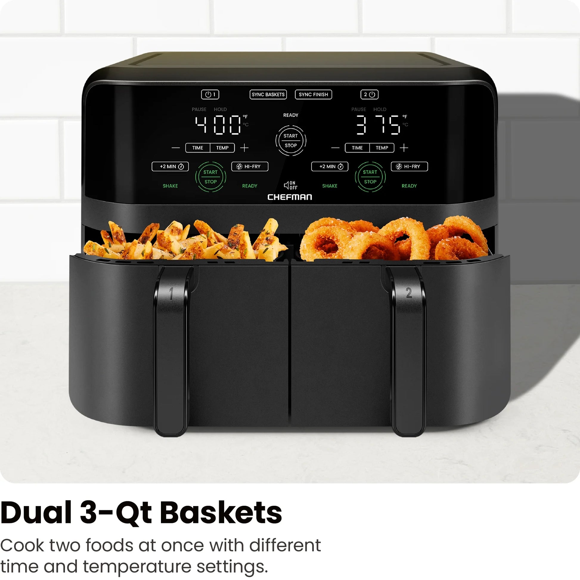 Dual Basket Air Fryer W/ Digital Touchscreen, 2 Independent 3 Qt Baskets, Sync Finish - Black, New