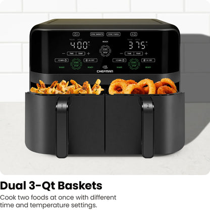 Dual Basket Air Fryer W/ Digital Touchscreen, 2 Independent 3 Qt Baskets, Sync Finish - Black, New