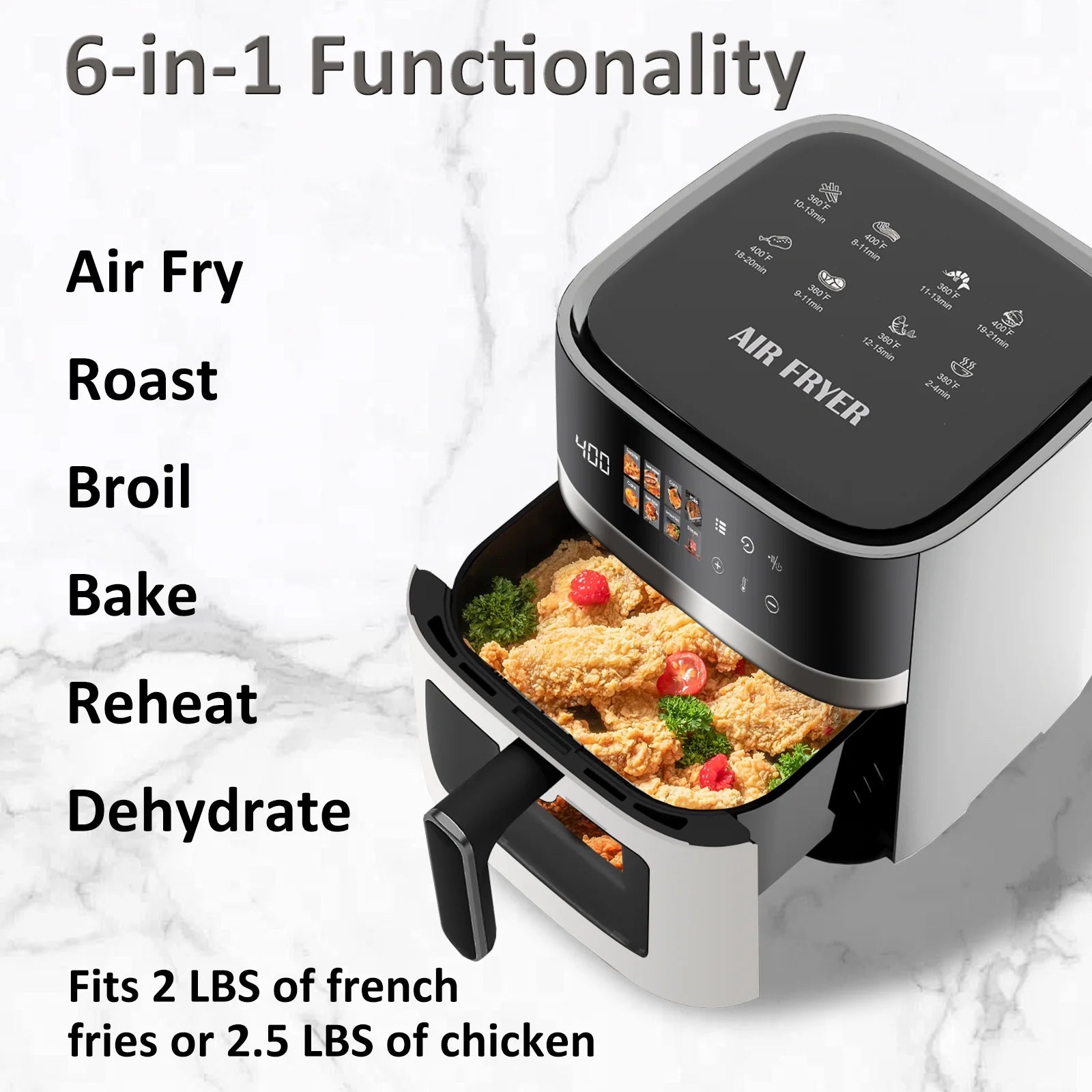 6QT Air Fryer, 8-In-1 Electric Hot Oven with Digital LED Touchscreen, Visible Window, 1500W, New, White