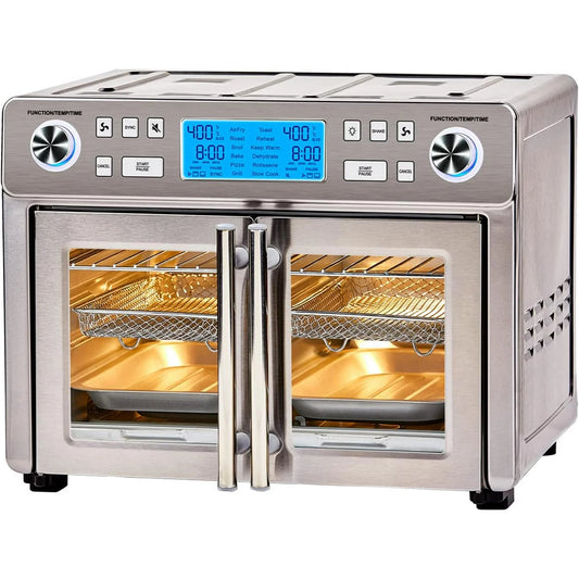 Dual Zone 360 Air Fryer Oven Combo with French Door, 25 QT Extra Large Cook Two Foods in Different Ways, up to 60% Faster from Frozen to Finish