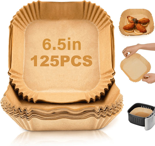 Air Fryer Paper Liners: 125Pcs Parchment Paper, Air Fryer Disposable Paper Liner, Oilproof Waterproof Airfryer Paper Basket Bowl Liner Square (6.5Inch)
