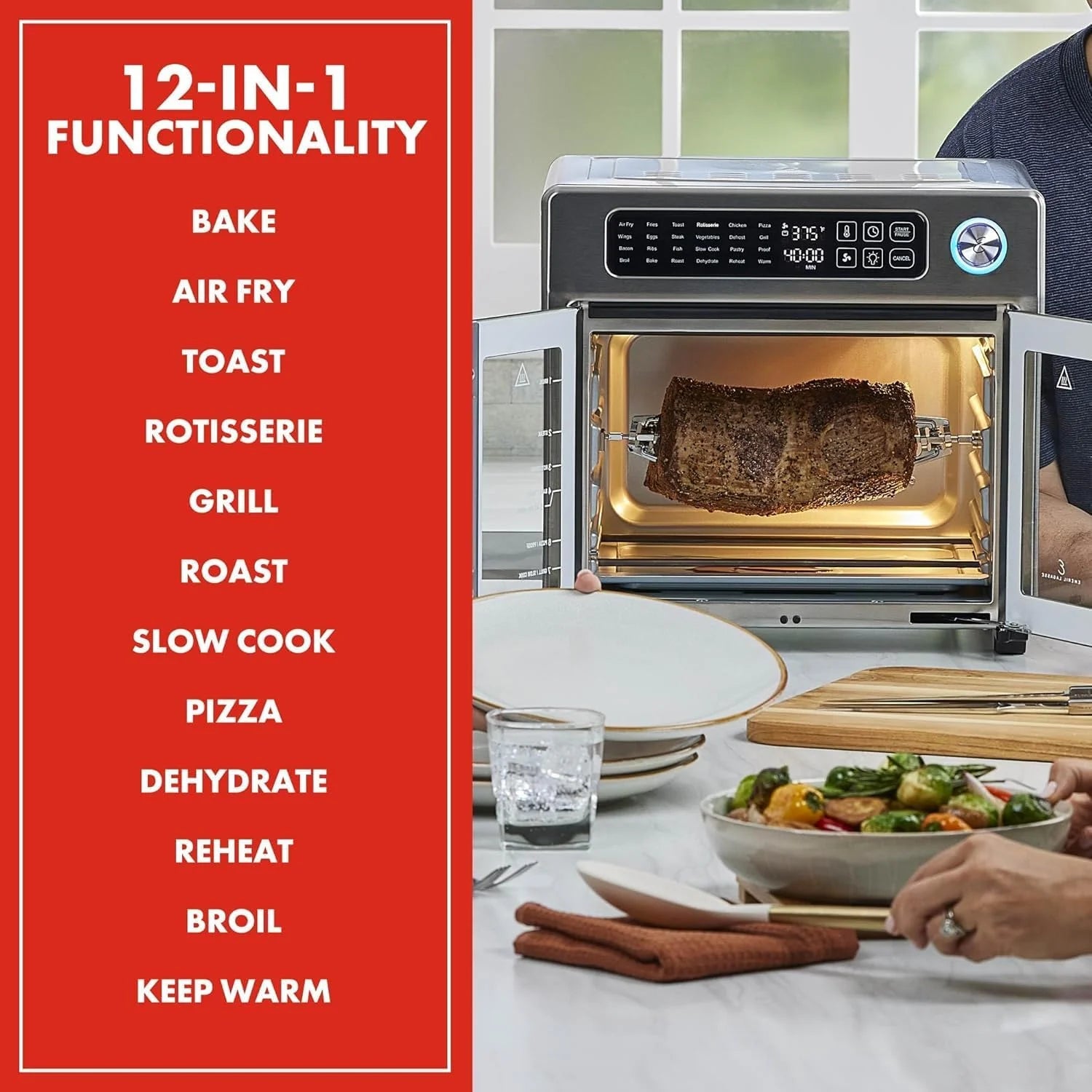 Extra Large French Door Air Fryer Toaster Oven Combo, 25 Cooking Functions and Digital Controls, 7 Accessories Included, Stainless Steel Finish, 26QT Capacity