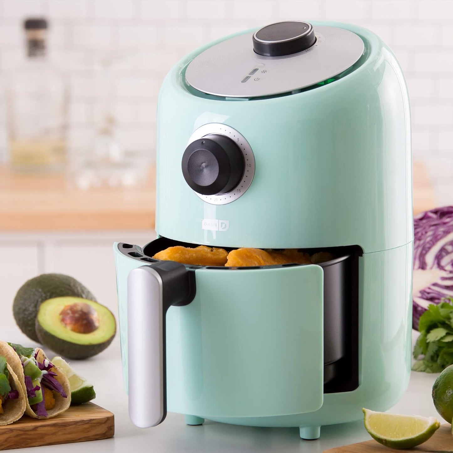 Compact Air Fryer Oven Cooker with Temperature Control, Non-Stick Fry Basket, Recipe Guide + Auto Shut off Feature, 2 Quart - Aqua