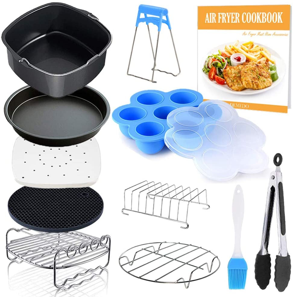 Square Air Fryer Accessories 11 Pcs with Recipe Cookbook Compatible for Philips Air Fryer, COSORI and Other Square Airfryers and Oven, Deluxe Deep Fryer Accessories Set of 12 (8 Inch)
