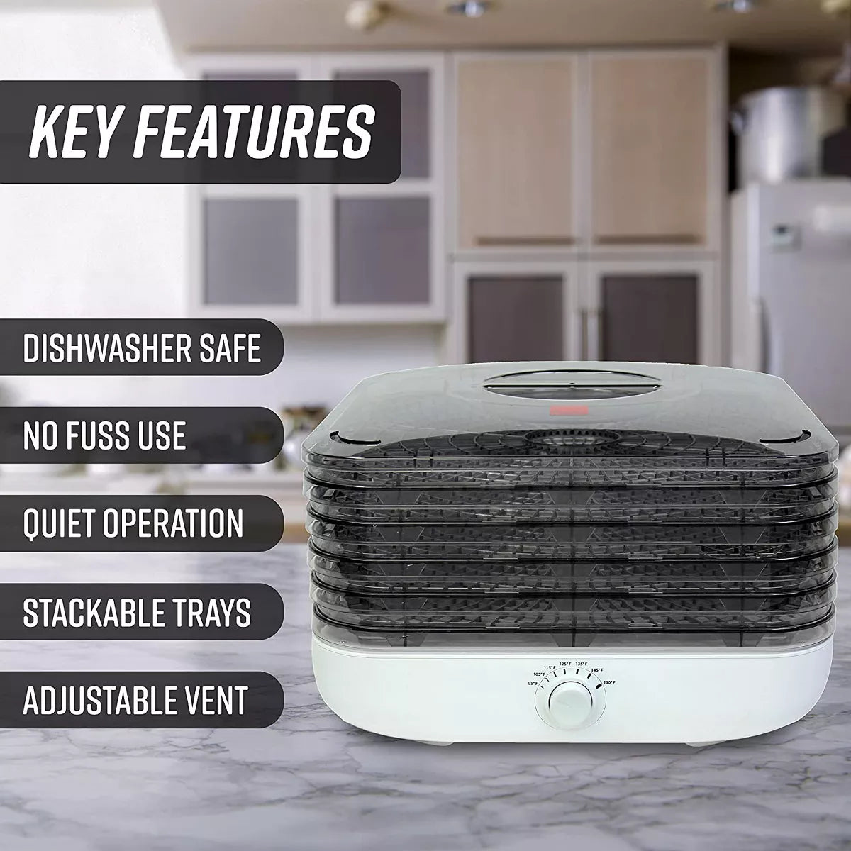 Ronco Turbo Ez-Store 5-Tray Dehydrator with Convection Air Flow, Food Preserver Adjustable Temperature Control, Quiet Operation
