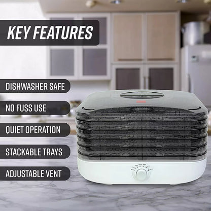 Ronco Turbo Ez-Store 5-Tray Dehydrator with Convection Air Flow, Food Preserver Adjustable Temperature Control, Quiet Operation