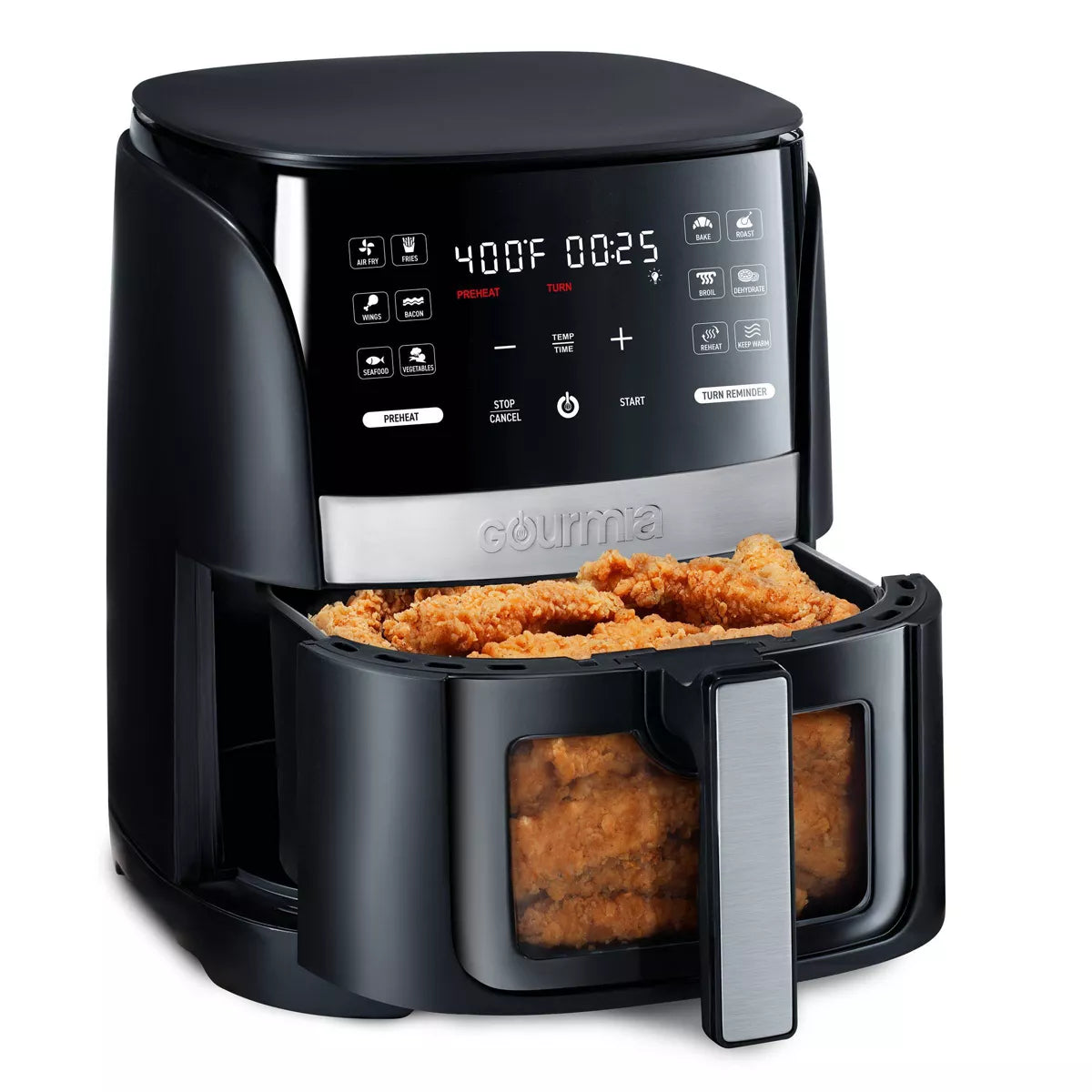 Gourmia 6-Qt Digital Window Air Fryer with 12 Presets & Guided Cooking Black: Stainless Steel, 1-Year Warranty