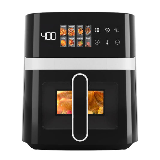 6QT Air Fryer, 8-In-1 Electric Hot Oven with Digital LED Touchscreen, Visible Window, 1500W, New, Black