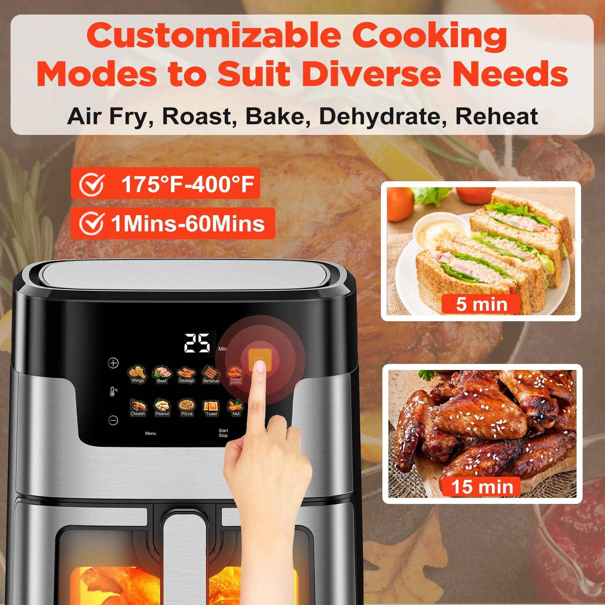 Air Fryer Oven, 10-In-1 7.5Qt Multifunction Air Fryer with Digital LED Touch Screen, 10 Preset Cookings, Dishwasher-Safe Basket, 95% Less Oil, Nonstick Dishwasher-Safe Basket, 100Pcs Liner